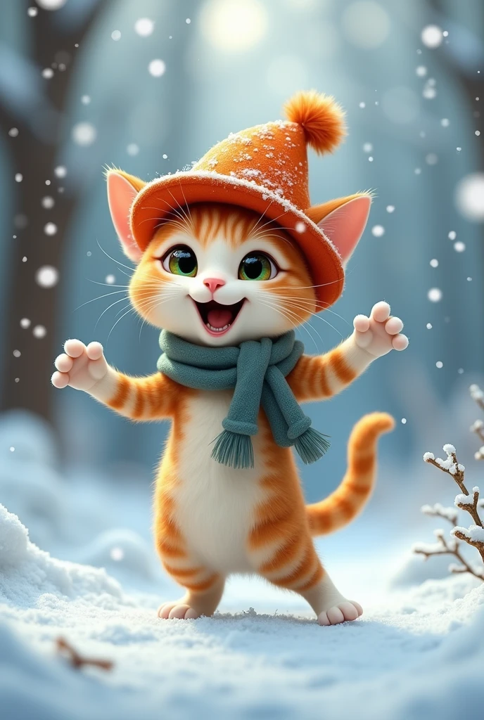 Dancing cat wearing a hat in the snow