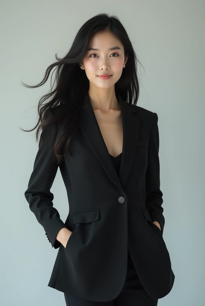 Beautiful Korean woman in her late 20s in a suit. Long black hair, big expression eyes, soft cheekbones, small lips, full shot, full body shot: leg to head / --no close shot
