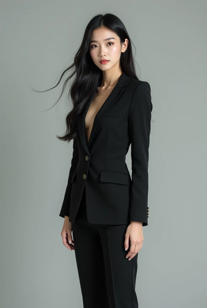 Beautiful Korean woman in her late 20s in a suit. Long black hair, big expression eyes, soft cheekbones, small lips, full shot, full body shot: leg to head / --no close shot