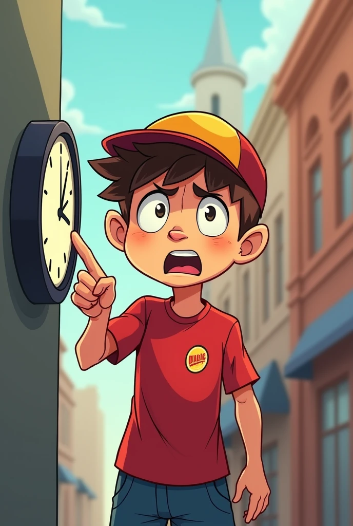 Delivery boy pointing his finger at clock stress cartoon