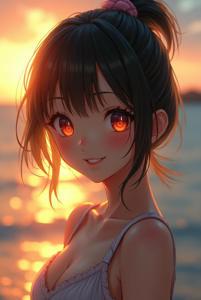  adorable, seaside,  japanese school girl, (portrait, close-up:1.1),scrunchie, ( cheek,glossy lips:1), (naked, suggestive , nsfw),   looking at viewer,  ,sweaty, (baby face, cute),   ( grin:0.7), (pale skin:1.2), , sunset,  catch_light,