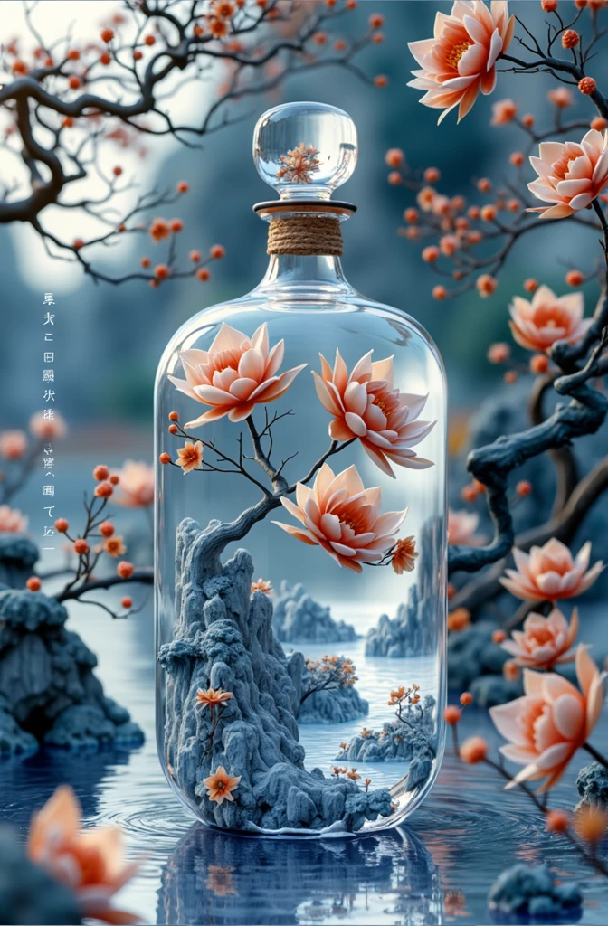 masterpiece,high quality,Best quality,aesthetics,Sculpture,Product photography,Glass bottles surrounded by jade landscape,陶瓷Sculpture玻璃瓶,Transparent water,Chinese 3D landscape painting background,复杂Sculpture背景,Chinese Song Dynasty Landscape Painting,Blue Theme,Surrealistic dream style,Organic fluid,Ray Tracing,Colorful flowers,Flower foreground occlusion,Natural light,jungle,C4D,OC Rendering