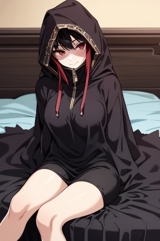 NNAssassinFSF, 1girl, solo, median breasts, black hair, red eyes, long sleeves, dress, hood, long skirt, black dress, cape, black cloak, hood up, black robe, covered mouth, hooded cloak, ((masterpiece,best quality)) bedroom, sitting, happy looks