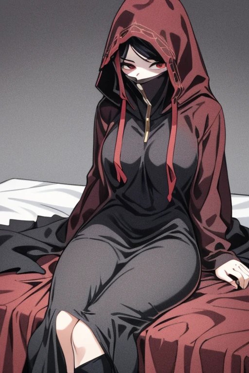 NNAssassinFSF, 1girl, solo, median breasts, black hair, red eyes, long sleeves, dress, hood, long skirt, black dress, cape, black cloak, hood up, black robe, covered mouth, hooded cloak, ((masterpiece,best quality)) bedroom, sitting, happy looks