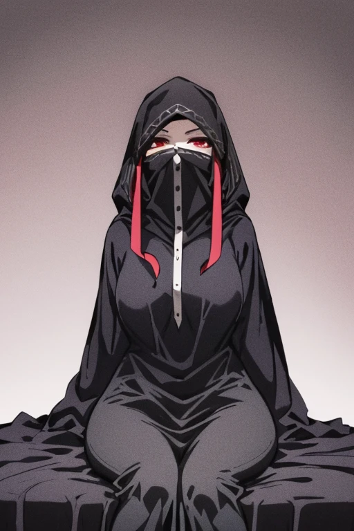 NNAssassinFSF, 1girl, solo, median breasts, black hair, red eyes, long sleeves, dress, hood, long skirt, black dress, cape, black cloak, hood up, black robe, covered mouth, hooded cloak, ((masterpiece,best quality)) bedroom, sitting, happy looks