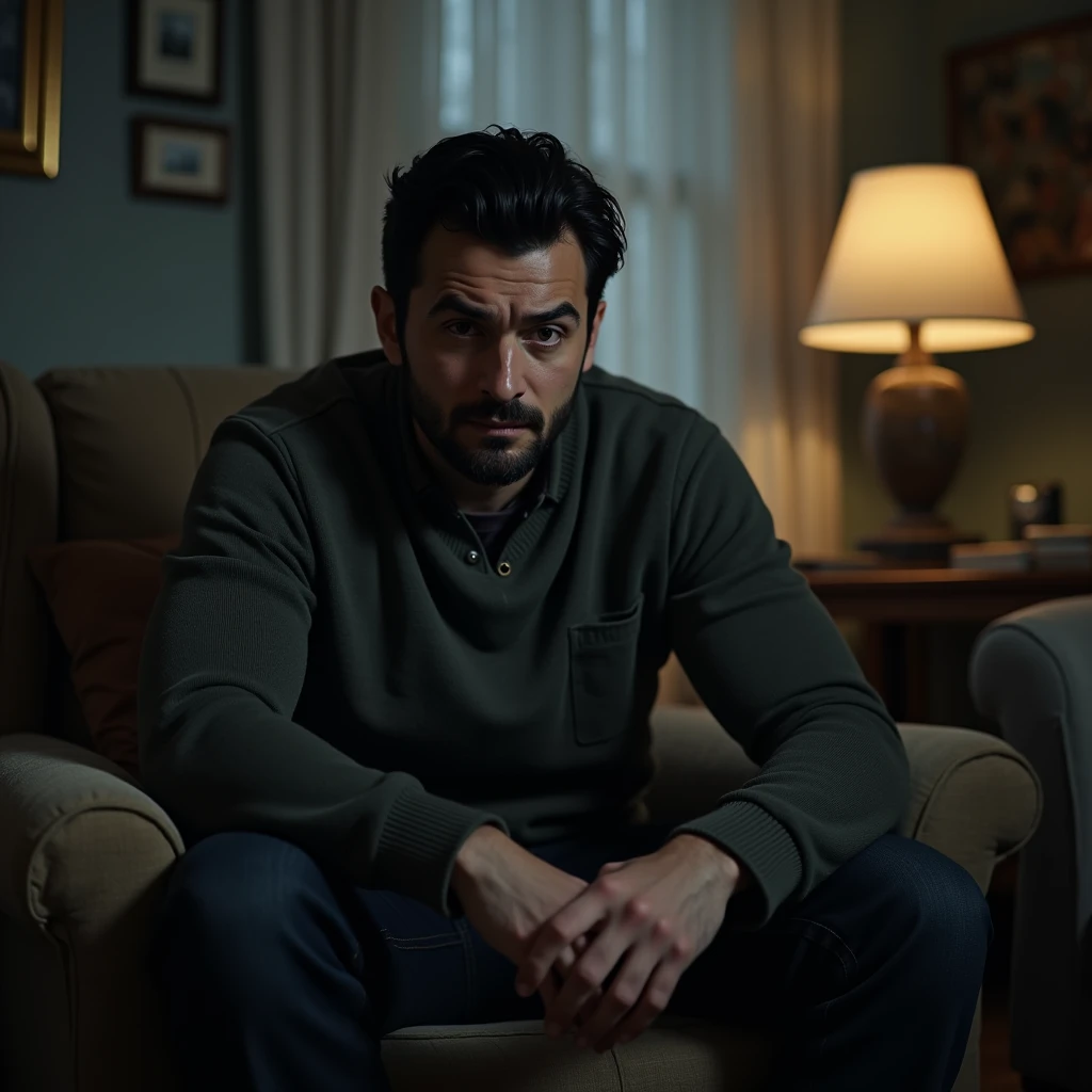 A dark-haired man with a small beard and quiff hair is sitting in an armchair in the living room, his appearance is that of a sad and depressed man. 
