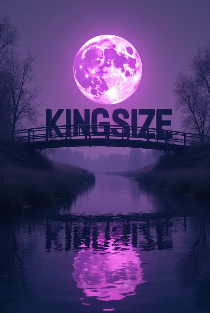 A sky degraded violet logo with inscripted kingsize in it with a realist violet moon with a reflect on water on a wood bridge 