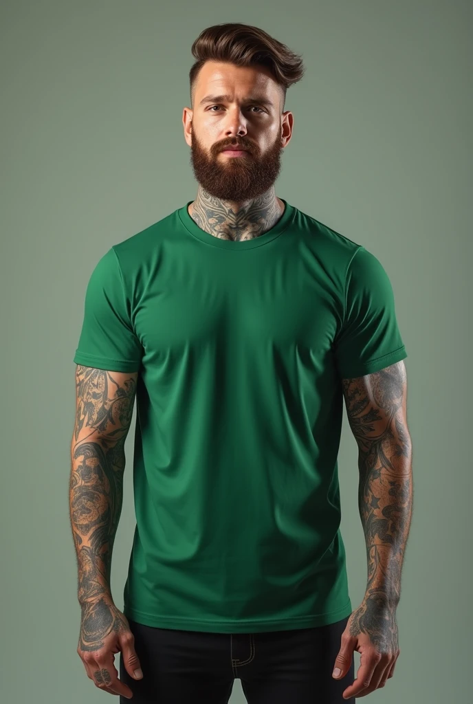 a real tattooed man standing with a green t-shirt mockup
