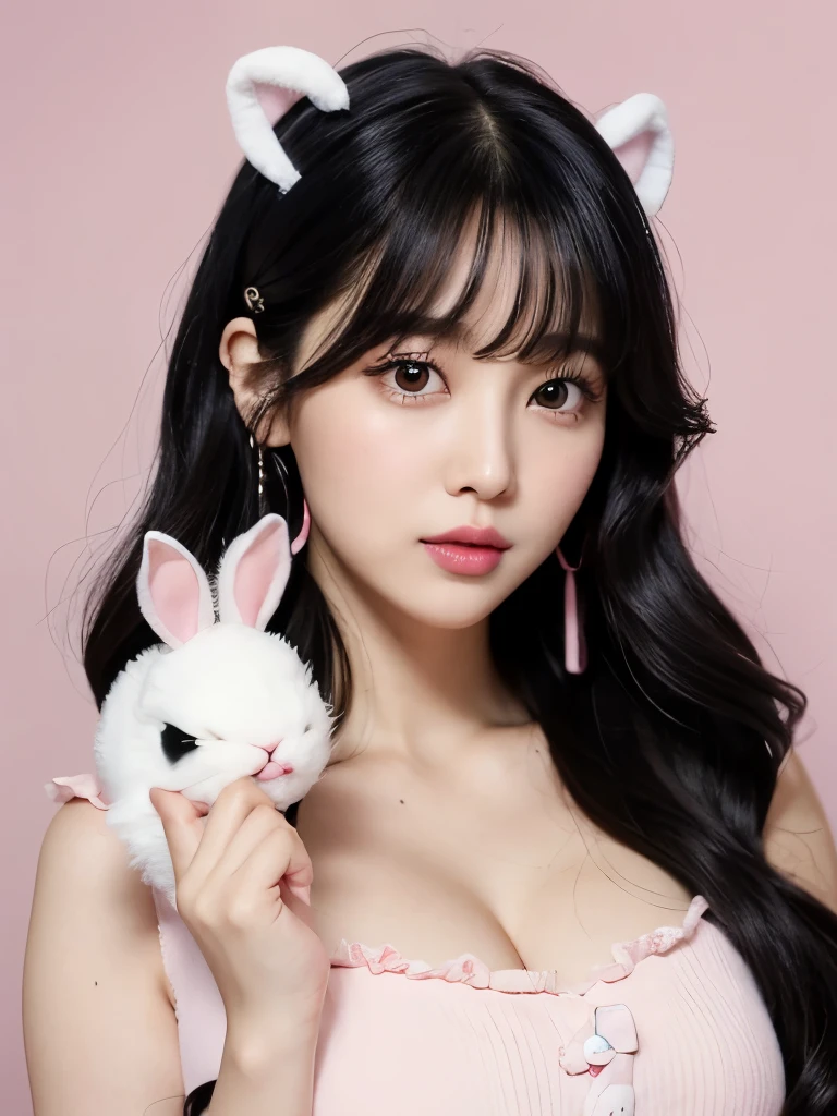 Kim Jenni with black hair, light black hair, with curls, with a bunny clip in her dark black hair, brown eyes, beautiful eyes,pretty, upturned nose, pretty lips, pastel pink lips, Cupid's heart shaped lips, pale white skin, pretty skin, skin with all pink, with freckles and moles all over the body, pink natural makeup, suave blush, with a necklace around his neck, Skinny body, (big breasts, soft breasts, Beautifuls breasts), while wearing a loose shirt with prints, loose shirt, con una falda larga black color, boonita skirt with fabric, black color, Looking to the camera