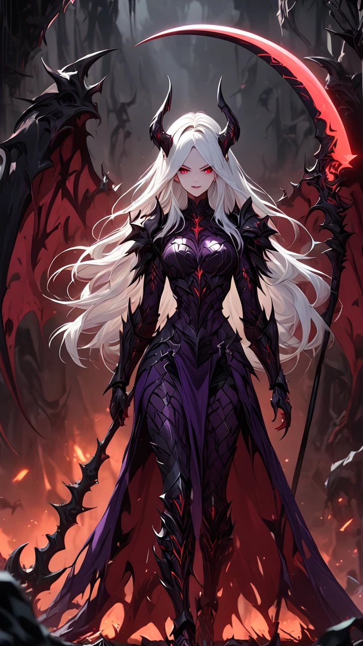  (((Masterpiece, best quality, 16k))) female character with long white hair and piercing red eyes. She wears a demonic armor in purple, black, and white.  wields a large, stylized scythe. The character has a menacing expression, with a chaotic environment as the background. ((full body front view)). ((slender)), (extremely detailed:1.5), (long white hair:1.2), (piercing red eyes:1.2), (chaotic environment:1.1), (demonic armor:1.3), (stylized scythe:1.3).