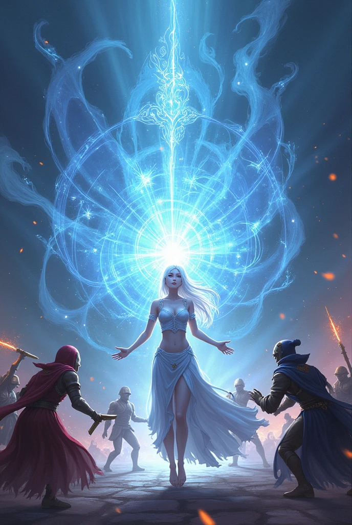 a battle where a half-elf cleric with delicate features makes an anime-style light barrier