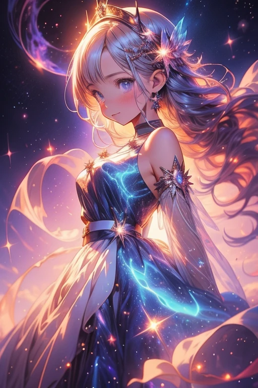 a picture taken from a digital painting of a girl in a dress, beautiful anime artwork, wearing a dress made of stars, star on dress, beautiful anime art, makoto shinkai cyril rolando, magical dress, anime fantasy illustration, anime fantasy artwork, ethereal anime, anime girl with cosmic hair, dreamlike art, cosmic skies. by makoto shinkai, anime art wallpaper 4 k