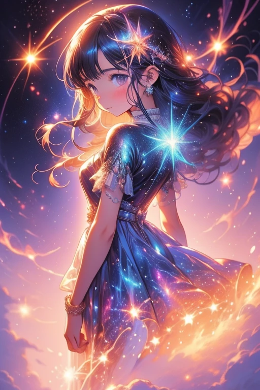 a picture taken from a digital painting of a girl in a dress, beautiful anime artwork, wearing a dress made of stars, star on dress, beautiful anime art, makoto shinkai cyril rolando, magical dress, anime fantasy illustration, anime fantasy artwork, ethereal anime, anime girl with cosmic hair, dreamlike art, cosmic skies. by makoto shinkai, anime art wallpaper 4 k