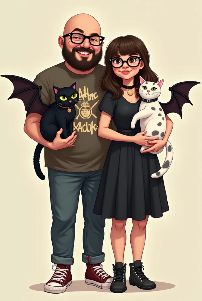 Make a couple, Um homem careca, de 25 anos, a little overweight, glasses, with beard, with a rock band t-shirt and all stars and a woman in a black dress, overweight, long hair, with a medium fringe and black cat-eye glasses, both holding a black cat with bat wings and a white cat with a collar that says lady and gray spots