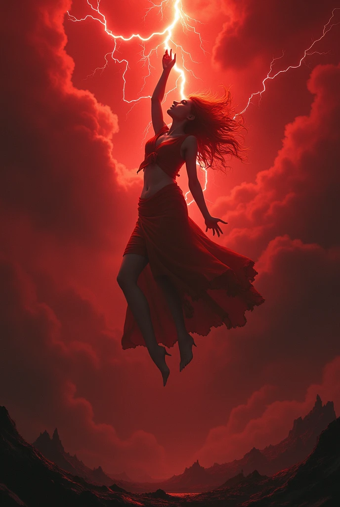redheaded woman being abducted by a red sky in the middle of a storm and lightning in the sky