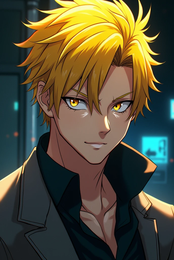 yellow hair, yellow eyes, anime, young, handsome, strong, cool, short hair, night, dangerous