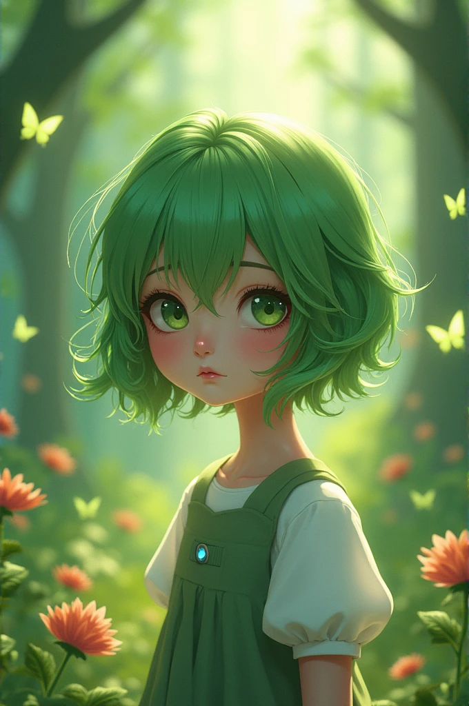 Shy girl, green hair, 