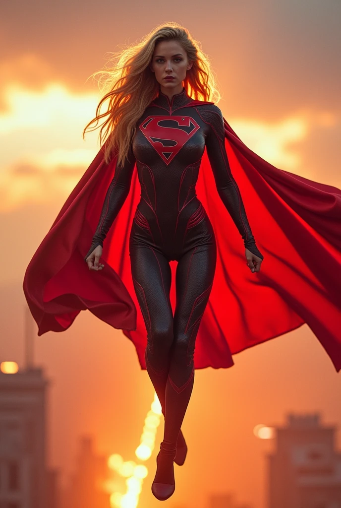 Woman in a detailed SuperMan costume with full sleeves covering the entire body, long blonde hair, serious face, (flying in the sky), vivid colors, dramatic lighting, red cape, Film costumes, Detailed carbon fiber suit,