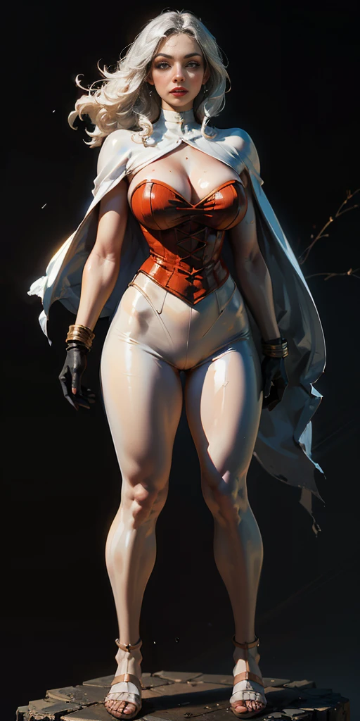 ((BLACK BACKGROUND,1:2, masterpiece)), full body MILF BIMBO standing with two long thighs and two metal sandals, red eyes, silver white hair, short bob style hair, big breasts, cleavage, snsfw, (masterpiece: 1.3), best quality: 1.4, 8k detailed unity wallpaper, high resolution, absurdities: 1.2, depth of field: 1.3, perfect lighting, cinematic shadows, highly detailed background, (super perfect head anatomy face fingers limbs arms hands legs), (super beautiful and detailed body of a wet woman, gigantic, long and sagging breasts, shiny hair, face, nose, shiny fingers, elongated eyes, skin proportion), slender: 1.5, narrow waist: 1.3, ownwaifu, long hair, white hair, big hair, curly hair, dark skin, dark skin woman, red lips, white eyes, very dark skin, lipstick, floating hair, very long hair, makeup, eyelashes, toned, jewelry, earrings, cape, bracelet, jumpsuit, gloves, superhero, choker, cool look, flying in the sky, high-tech city background, call a storm, tornado, thunder, raining, cinematic, beautiful figure, cowboy shot