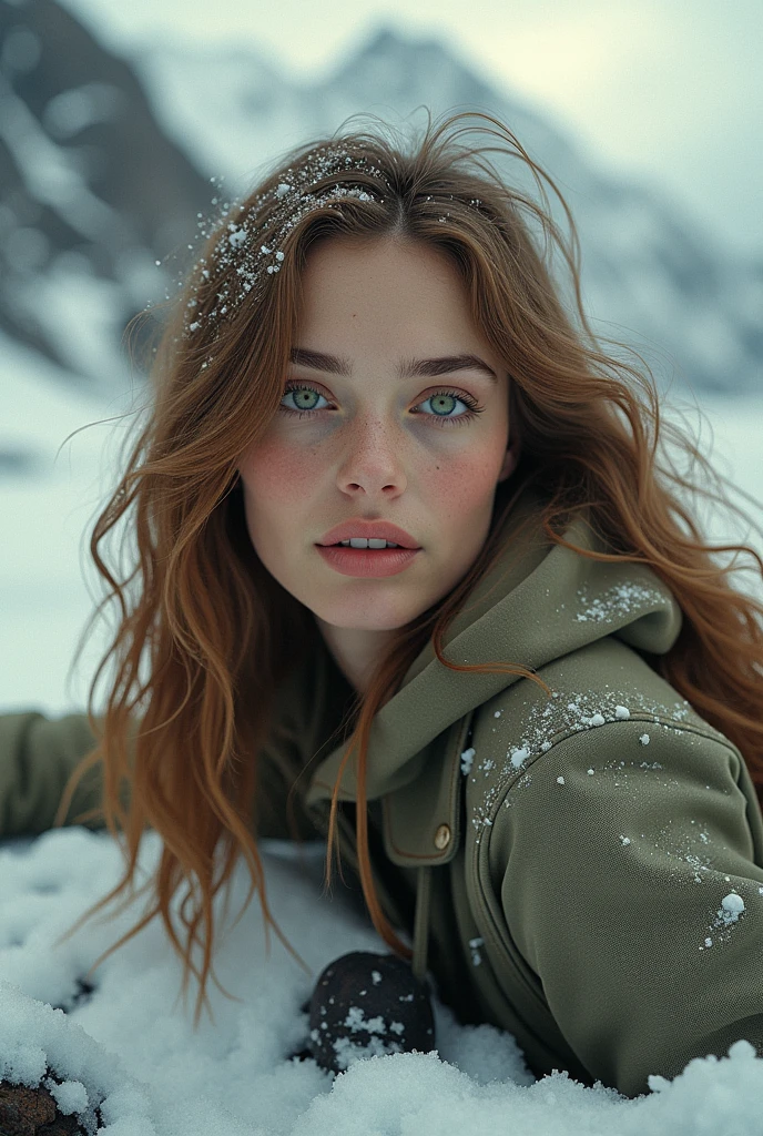 Create a girl resembling the influencer and singer Havanna Winter in the style of the 1972 Uruguayan Andes accident in the film Snow Society