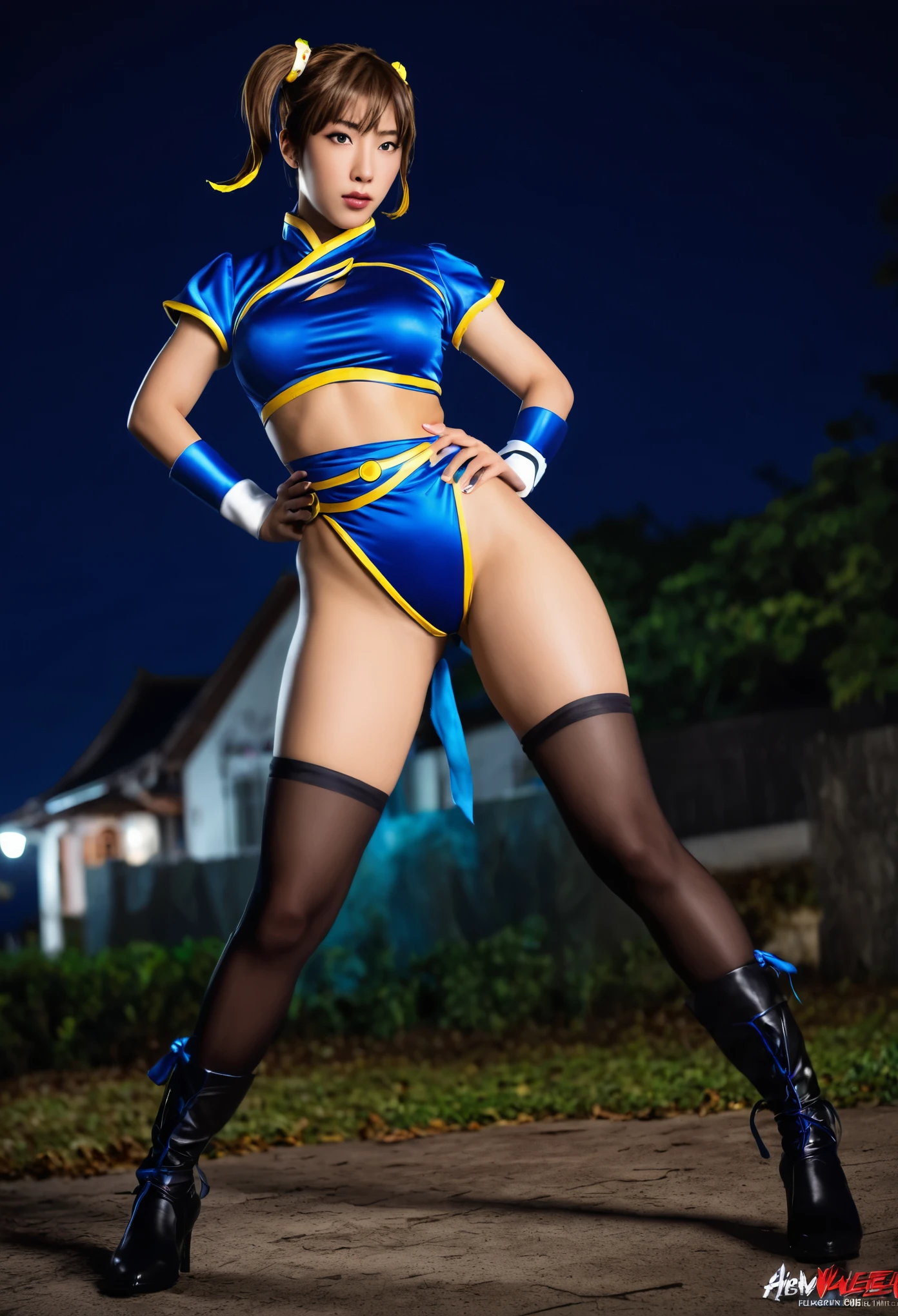 1 cute yuna, sexy chun li outfit, is in a fighting stance ready to face zombies and other terrible monsters. Halloween night. View from low angle focused on her butt
