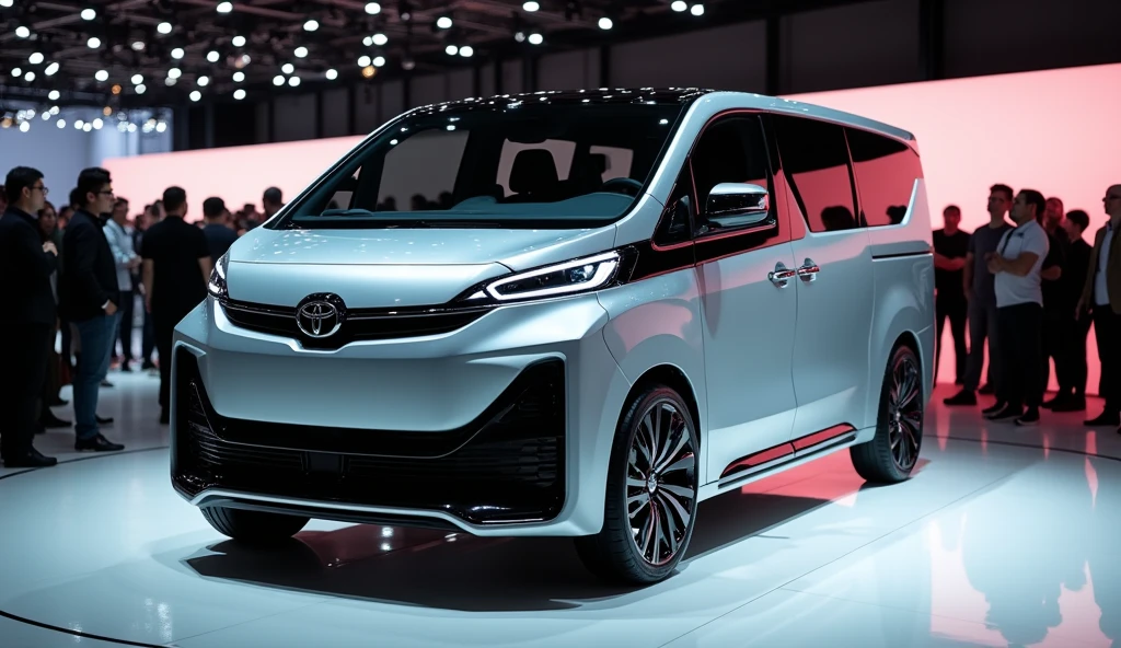 a luxury Toyota Hiace MPV Van mixed with tesla, electric car, futuristic full LED design, in a showroom with a lots people
