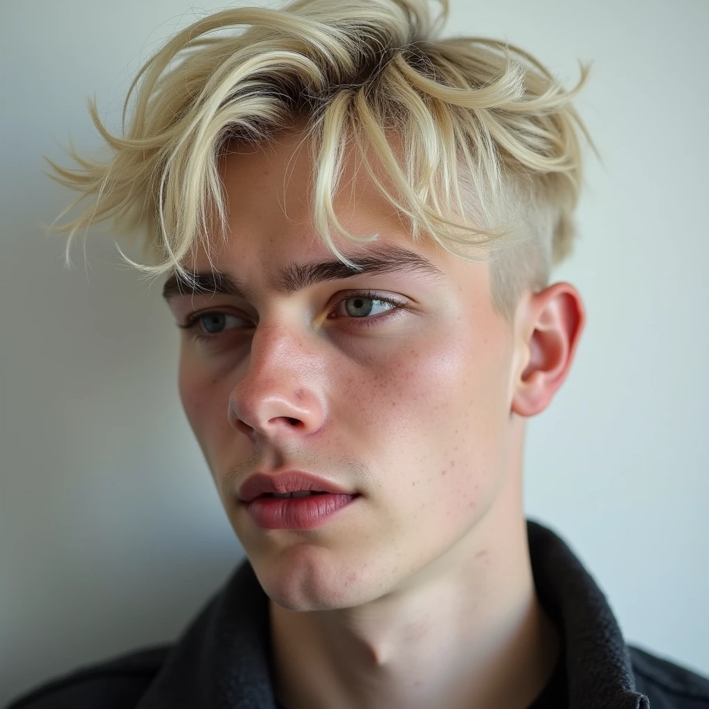 16k, extremely detailed skin, photograph head shot of an attractive 22 year-old male, Germanic-Icelandic features, short textured wavy platinum blond hair, side swept bangs, pale skin tone, raised eyebrow expression