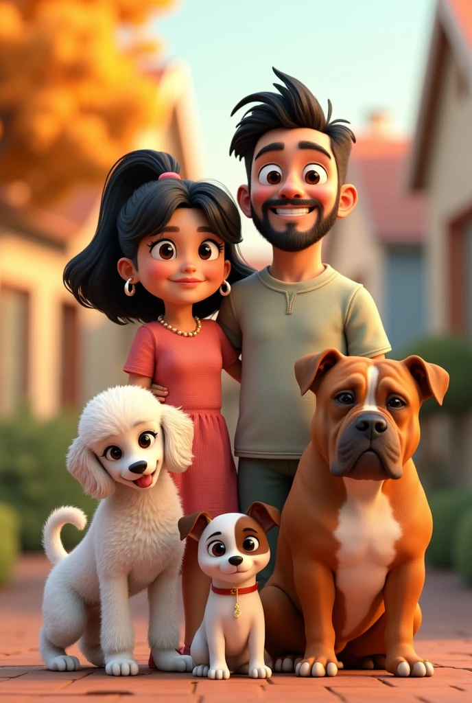 Create a 3d illustrated cartoon family, Pixar type of Disney, formed by his mother, 6 woman black hair, short to the shoulders, small nose, tender look brown eyes, with a chubby body. His son, 2, short brown hair, athletic, sportsman, with short beard, beautiful smile and tender brown look. His daughter is a woman, 3, Brown hair tied up in a bun and parted in the middle, pearl hoops, tender eyes and big glasses, small nose y una sonrisa tierna, chubby with body curves. This family has 3 dogs, a white poodle puppy with light brown ears. A happy white Jack Russell dog with brown spots and a patch over his right eye. And the last big fat pitbull dog, light cinnamon fur. More serious but with a good face. 