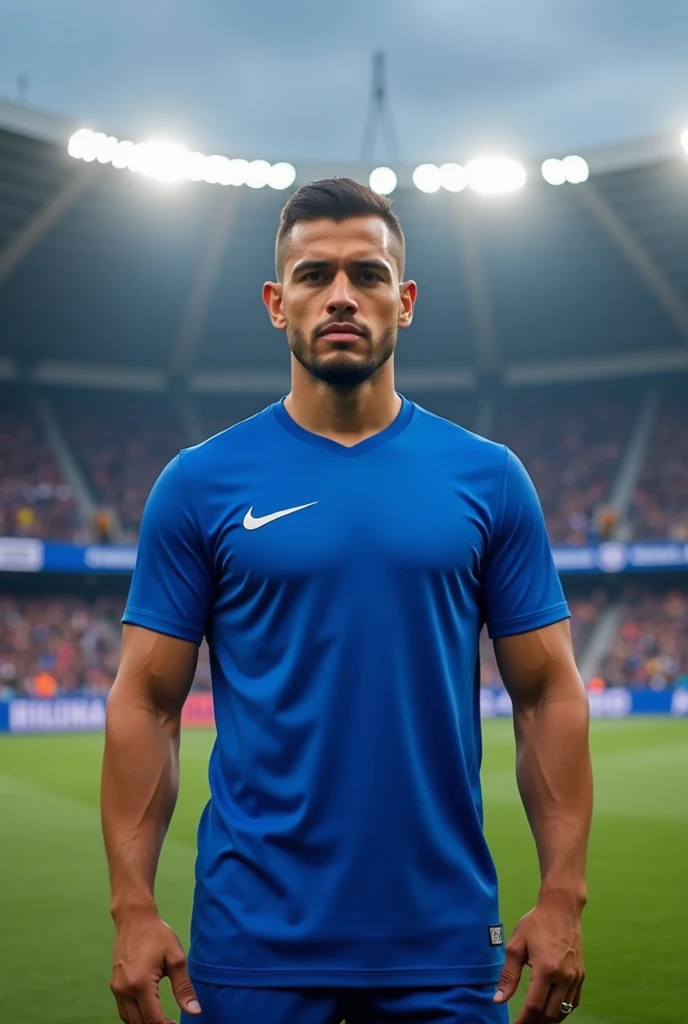 Design the football player Paolo Guerrero with a blue Nike t-shirt without logos or shields, he.equipo Alianza Lima lo está presentando como nuevo jugador de su equipo en he estadio Alejandro.villanueva Matute