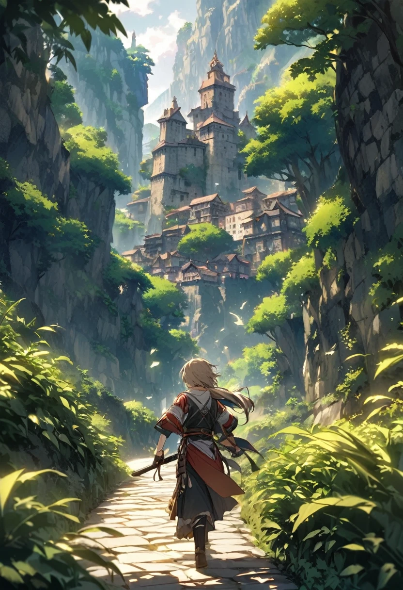 「Roads in the Warring States Period。The swordsman is depicted traveling alone.、Behind me is a bamboo forest swaying in the wind.。In his expression、The confidence of someone who has overcome the previous battles is in the air.、In the distance, the castle town, our next destination, is vaguely visible.。The beauty of the surrounding nature、It highlights his lonely journey.。