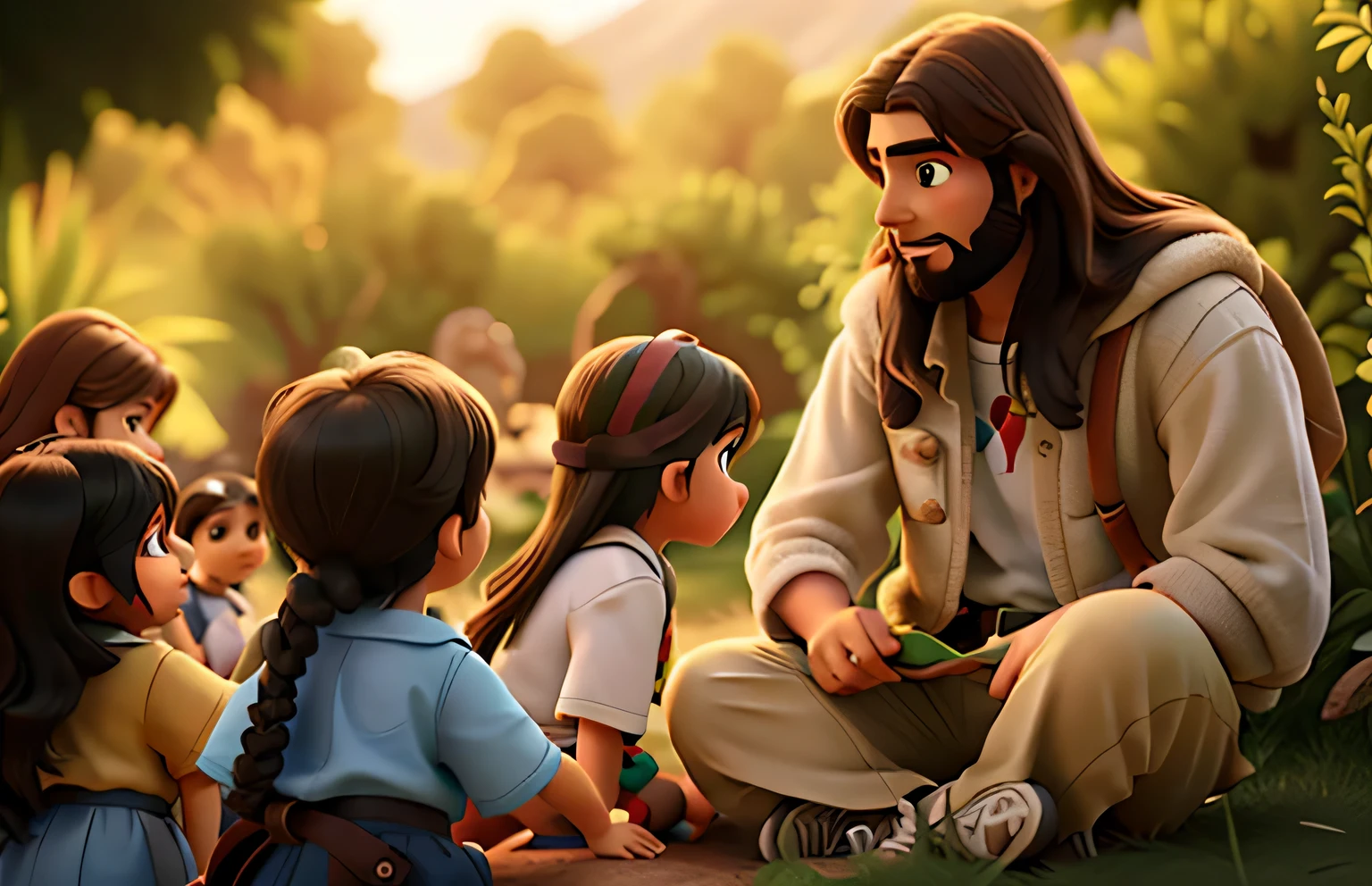Jesus with the children on the way back, high qualiy, disney pixar style.