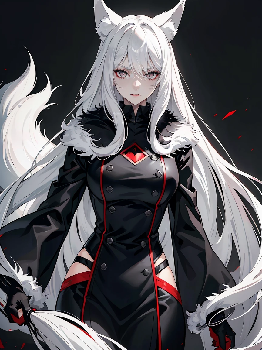 Long white hair, grey eyes, evil, sexy, black and red clothes, evil face, evil, serious look, gloss lips, sinister, front look, bloody, gloves, close up, portrait, beautiful eyes, big white, dark place, night, sensual, straight hair cut, clear skin, evil, young 30 years girl, adult girl, solo, red, very long hair, ankle length hair, handsome older WOMAN,grey-eyes,grey pupils,Long white hair,Hyperresolution,accuracy,Detailed rendering,(Image of fine hair)(topquality)(Masterpieces of masters)(High degree of completeness)(A sense of atmosphere)tmasterpiece,Super detailed and super detailed(((half-body portrait)))(((Fluffy wolf ears))) (((Wearing a white and black fur fighting outfit)))(((Stern expression)))(((Ankle length white hair)))(((Grey eyes)))