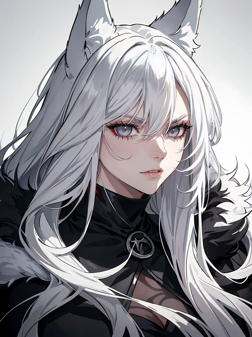 Long white hair, grey eyes, evil, sexy, black and red clothes, evil face, evil, serious look, gloss lips, sinister, front look, bloody, gloves, close up, portrait, beautiful eyes, big white, dark place, night, sensual, straight hair cut, clear skin, evil, young 30 years girl, adult girl, solo, red, very long hair, ankle length hair, handsome older WOMAN,grey-eyes,grey pupils,Long white hair,Hyperresolution,accuracy,Detailed rendering,(Image of fine hair)(topquality)(Masterpieces of masters)(High degree of completeness)(A sense of atmosphere)tmasterpiece,Super detailed and super detailed(((half-body portrait)))(((Fluffy wolf ears))) (((Wearing a white and black fur fighting outfit)))(((Stern expression)))(((Ankle length white hair)))(((Grey eyes)))