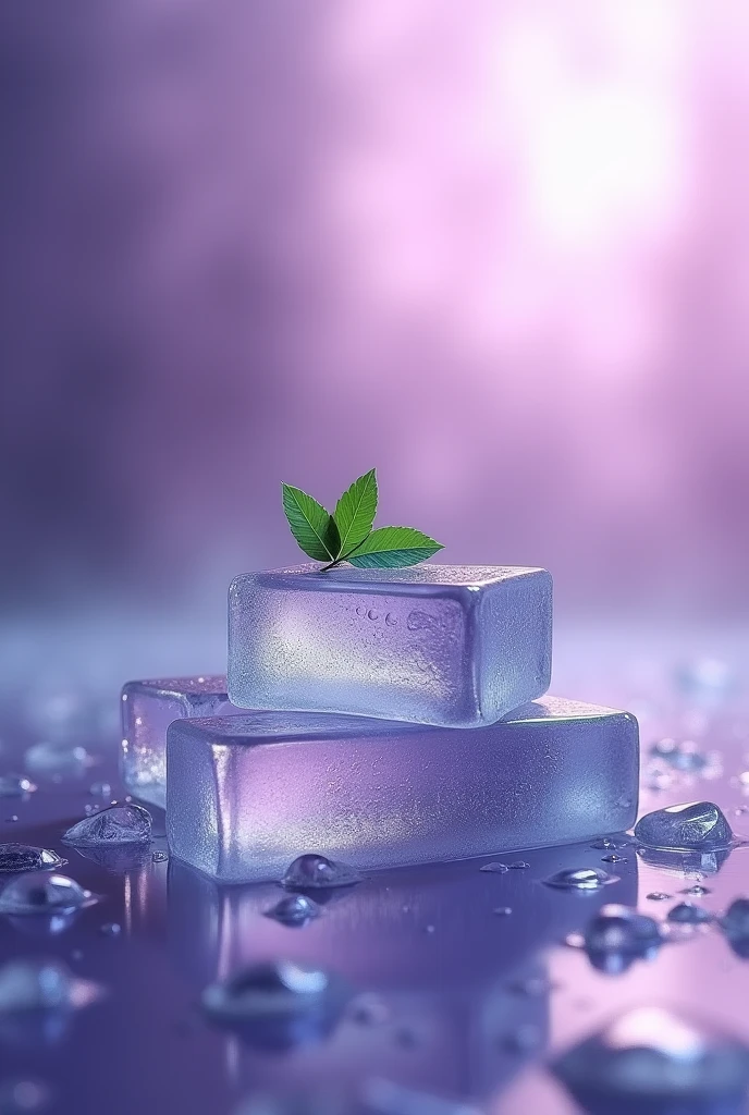 no_humans, purple_theme, leaf, blurry, ice_cube layer focus, ice, water_drop, still_life, water, depth_of_field, blurry_background