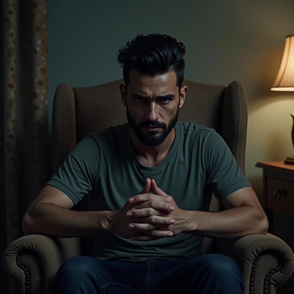 A dark-haired man with a small beard and quiff hair is sitting in an armchair in the living room, his appearance is that of a sad and depressed man. 
