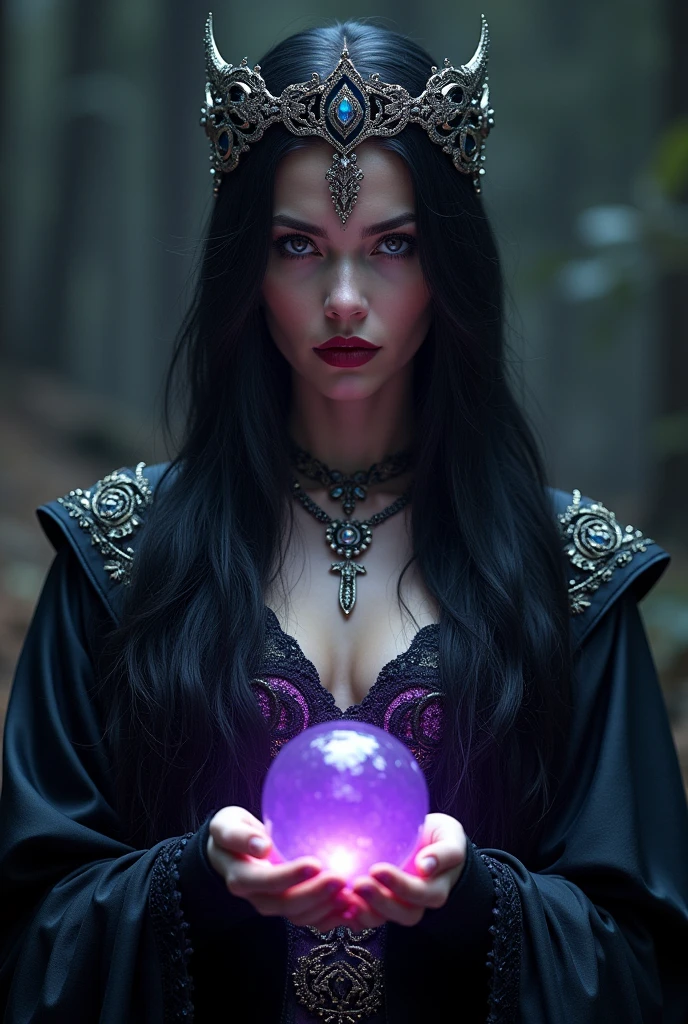Nordic Goddess, Long black hair, Black Queen, accessories, Purple light shining crystal ball, Jet Black Queen, Red lipstick, High Contrast, 8k, realism, View from the front