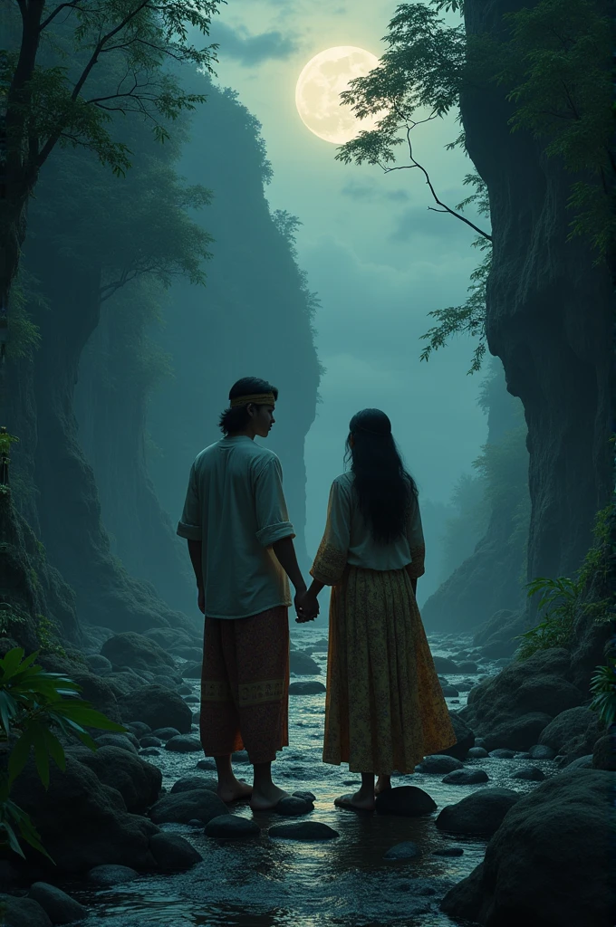 Set in a forest cliff setting, a couple of lovers, handsome man with shoulder length hair wearing a Javanese headband or blangkon, beautiful woman with loose hair, hand in hand, wearing clothes of the Majapahit era, clothing featuring intricate batik motifs, standing among the river rocks, dim night atmosphere with moonlight covered by dark clouds, realistic lighting, seperti cerita jaka tarub dan nawang wulan.