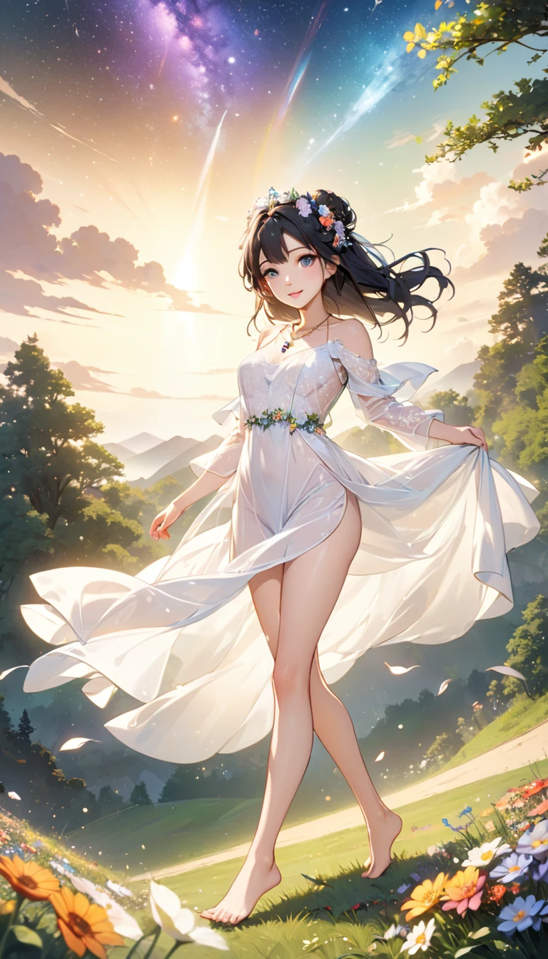 (masterpiece、Highest quality、8k、High resolution)、1 female、Beautiful eyes with slit length、Cute lips、Beautiful Nose、Brownish black hair、smile、(Best anime girl)、Green grassland with forest view、Walking,(Flying barefoot, high, high, high),Colorful flowers blooming in the field,A bright night with the stars clearly visible、milky way、Mysterious light particles from the whole body、Colorful light particles、A mysterious light shining around your head、melt、jewelry、necklace、White lace dress、(Beautiful full body style)、Highly detailed anime art、A complete portrayal、