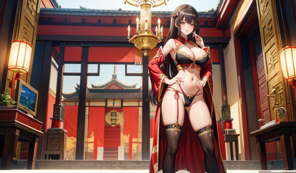 Brunette beauty with huge breasts,Hairpin,Chinese imperial concubine clothing,thong,thigh,black stockings,Standing,Chinese Palace,