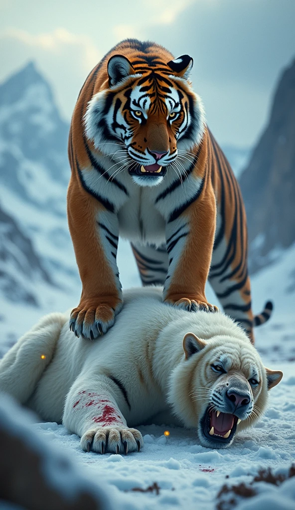 A fierce, roaring tiger stands triumphantly on the back of a defeated polar bear in a snowy landscape. The tiger's vibrant orange and black stripes contrast sharply with the bear's white fur, which has visible wounds. The scene is dramatic, set against a backdrop of icy mountains and a cloudy sky, with a mystical glow surrounding the animals.