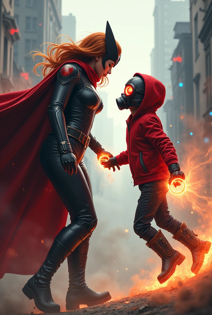 Scarlett witch, realistic, big breasts, full body vs. Youg boy with red hoodie, headphones, Star-lord helmet, rocket boots, gas helmet, covered mouth, round red, eyes, front cover, Kid Star-lord with red hoodie, star-lord helmet, gas helmet, covered mouth, round red eyes, Red eyes, magic rings in the hands and rocket boots, Fighting, power, fiction, 2 persons, magic lasso, hight, fall, DJ, view of the city fro. above, flying in the sky, capa roja, fire under shoes, Space, Smoke, Thanos