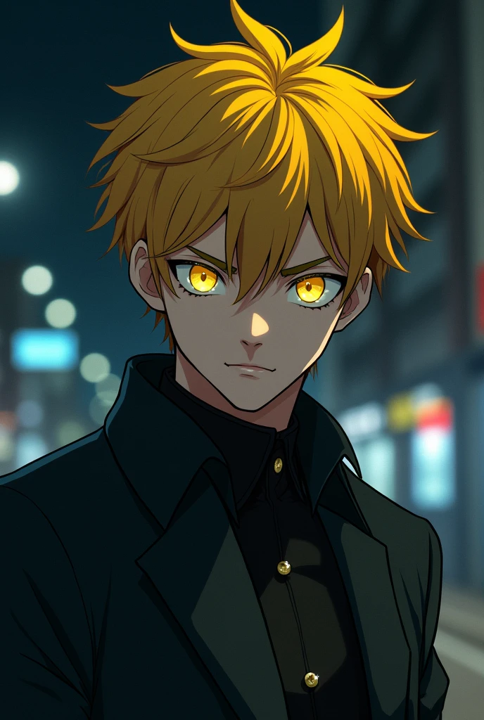 yellow hair, yellow eyes, anime, young, handsome, strong, cool, short hair, night, very dangerous