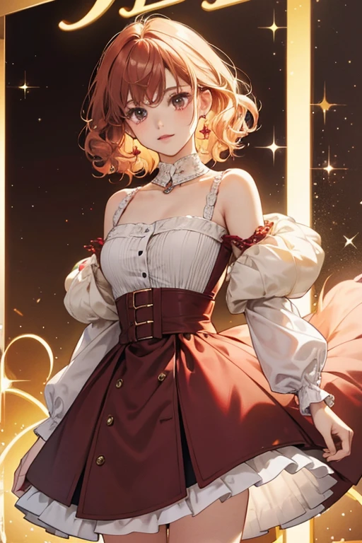 she also wears a similar outfit, the only difference is that it has maroon-brown colors with light-red accents. Elle has light-lime curly hair SPARKLE; GLITTER
