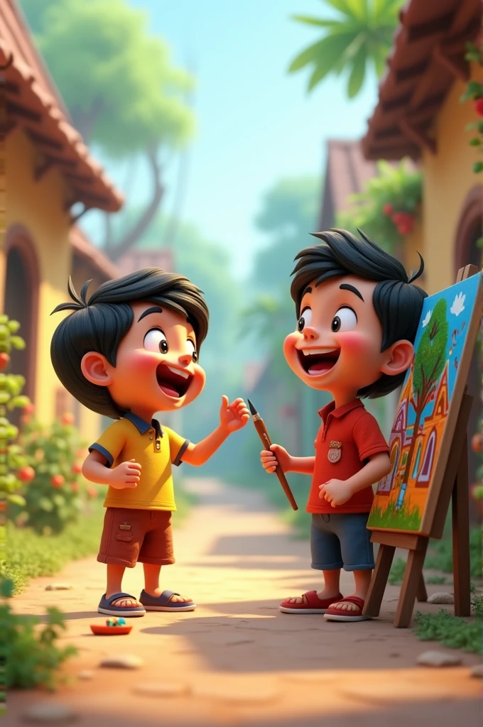 In cinematic 3d cartoon style " A picturesque village scene featuring two young boys, Rahul and Amit, playing together. Rahul is singing joyfully while Amit is painting on a canvas, with vibrant colors reflecting the joyful atmosphere of their childhood."