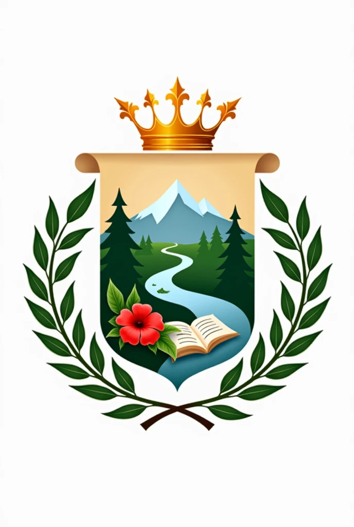 Create a school logo that has a crown on top and laurel leaves on the sides and in the middle a scroll with mountains and a river, a red flower and a notebook on one side