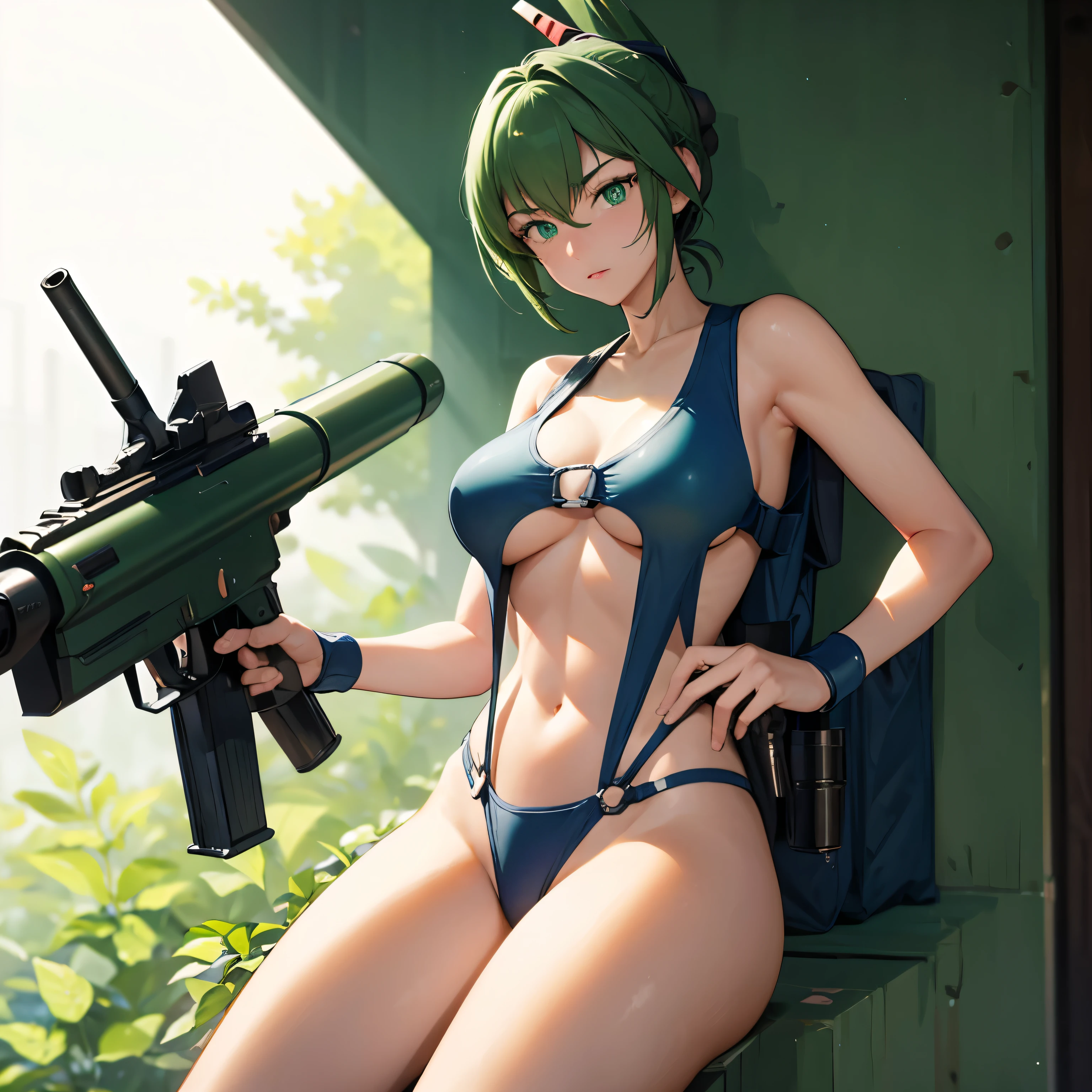Imperial Guard Combat Uniform Swimsuit, o-ring bikini, v gundam, swimsuit, absurdres, highres, solo, cowboy shot, solo, 1girl, neneka nibrou \(cosplay\), wristband, headphone, holster, backpack, holding gun, aiming, perfect hands, wind, (highres,best_quality,masterpiece), large , huge breasttao, (green eyes:1.5), green hair, hair between eyes, folded ponytail,
