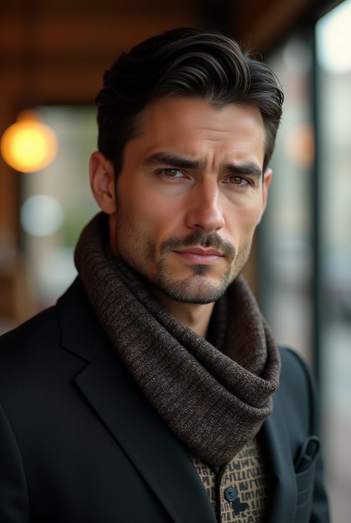 Elegant man, blackquality hair, formal clothing and scarf around the neck, casual style, handsome, extremely attractive man, libero, fortunate, independent