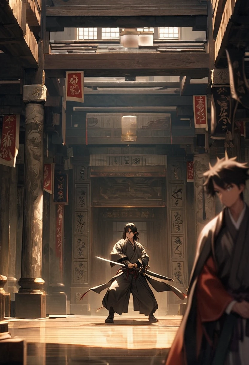 A swordsman from the Sengoku period holds two swords、Taking a stance in the center of the dojo。His expression is calm、The light of the swords he holds in both hands stands out in the dimly lit dojo.。In the surrounding area、The pillars and hanging scrolls of the dojo are reflected in the photo.、The swordsman's concentrated posture、His new fighting style『Two-Way』It emphasizes the innovativeness of