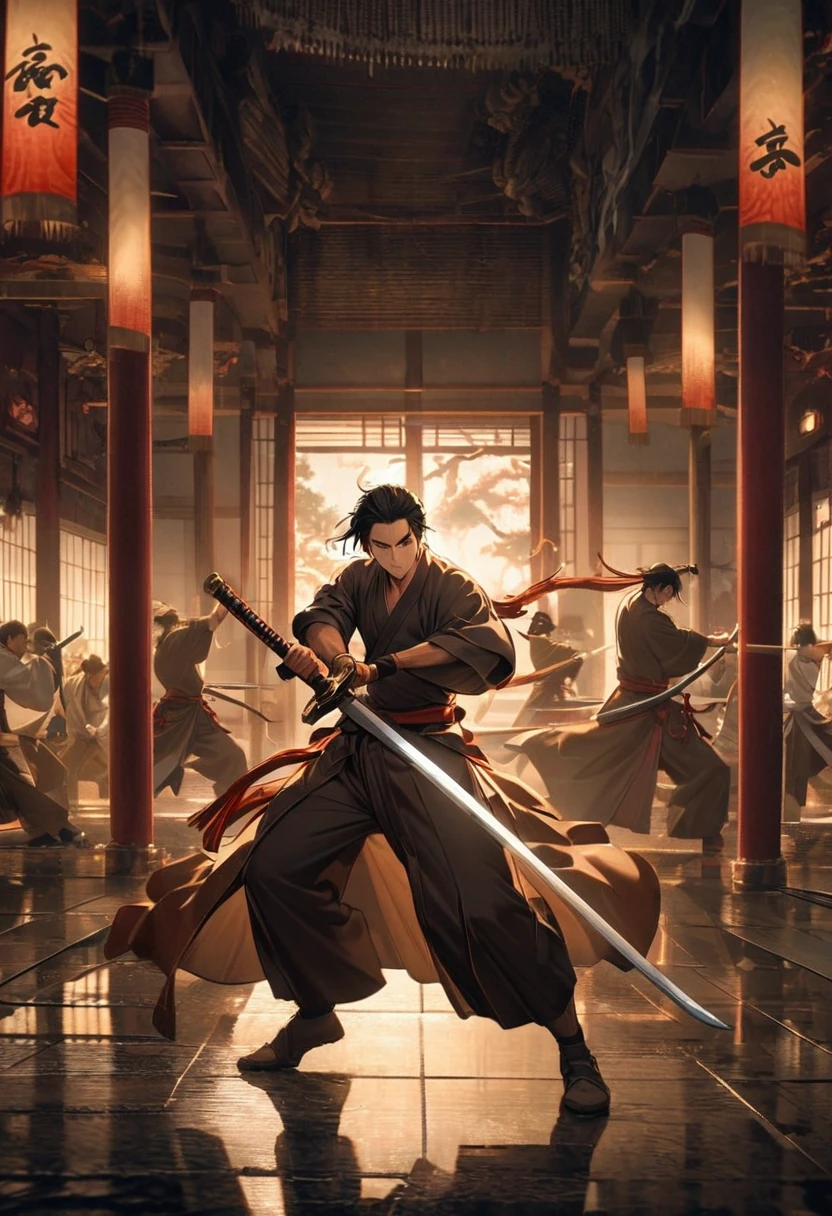A swordsman from the Sengoku period holds two swords、Taking a stance in the center of the dojo。His expression is calm、The light of the swords he holds in both hands stands out in the dimly lit dojo.。In the surrounding area、The pillars and hanging scrolls of the dojo are reflected in the photo.、The swordsman's concentrated posture、His new fighting style『Two-Way』It emphasizes the innovativeness of