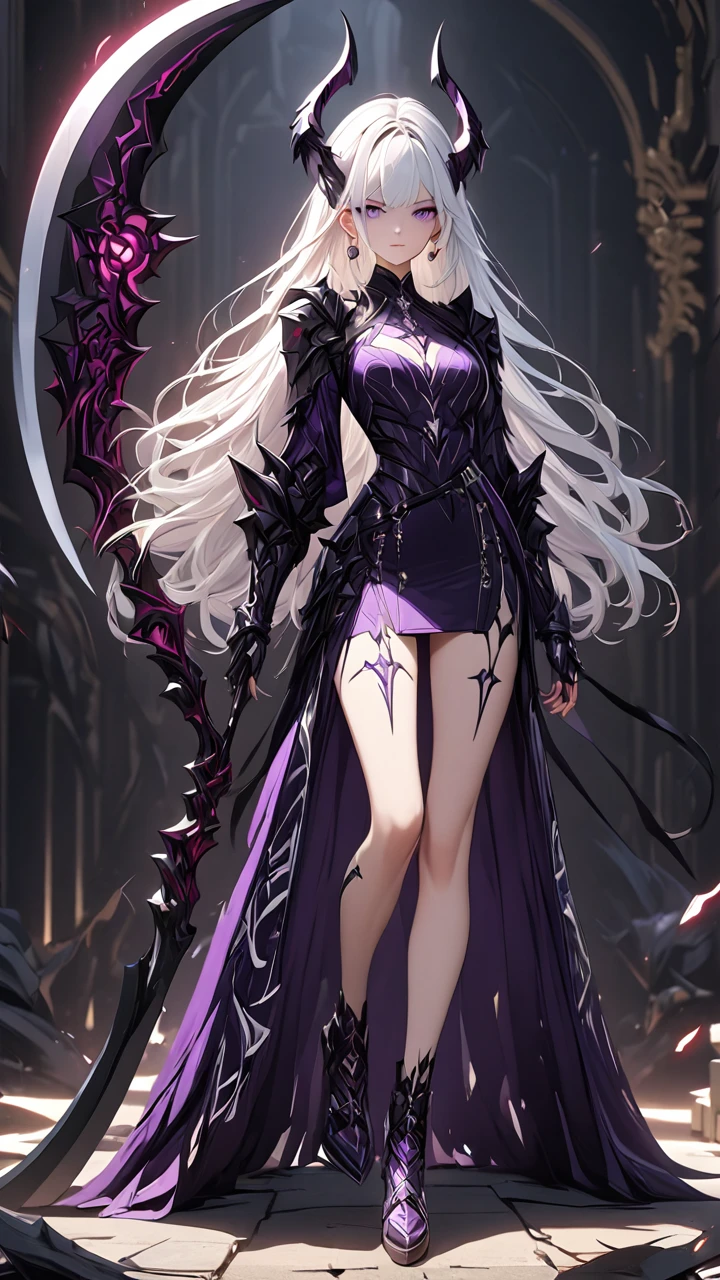 (((masterpiece, best quality, high detailed, 16k))) (1girl) A breathtakingly beautiful young girl with short stylish white hair and piercing eyes. She wears a demonic armor in purple black and white. wields a large stylized scythe. ((full body front view)), (extremely detailed:1.5)